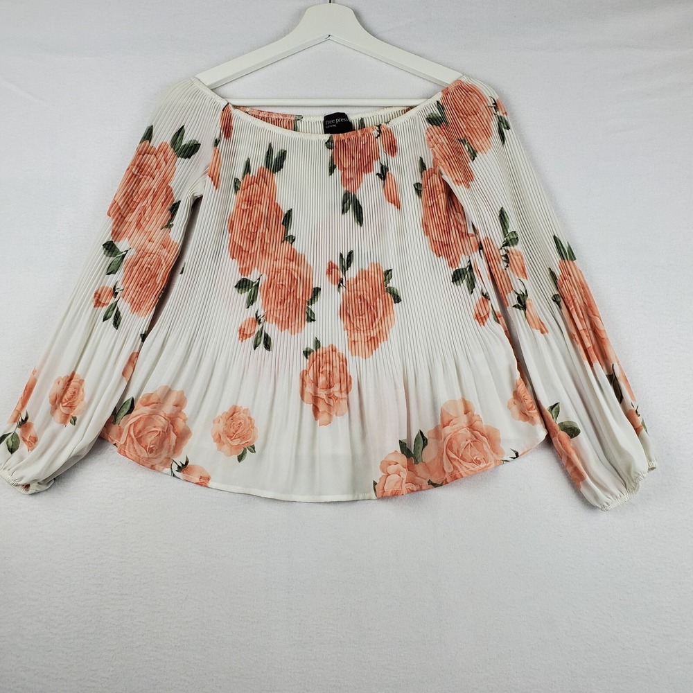 Free Press Blouse‎ Womens Small White Floral Polyester Boat Neck Pleated Cropped